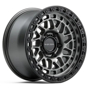 Black Rock Fury wheel in gunmetal grey with a black ring, angled view